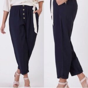 Dex Paperbag Waist Tencel Trousers Joggers Pants Navy Tortoiseshell Buttons Sz S